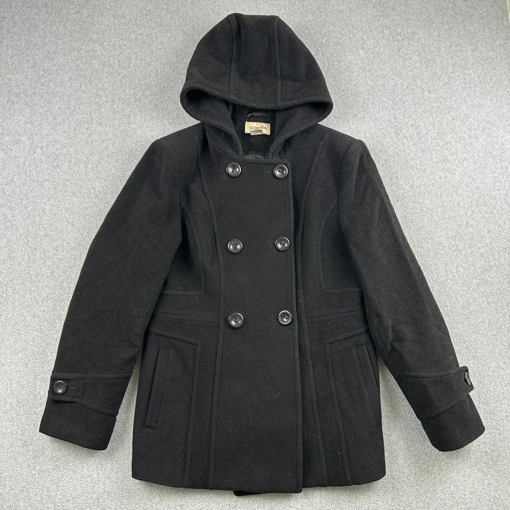 St Johns Bay Pea Coat Womens Medium Black Wool Cashmere Blend Hooded Jacket